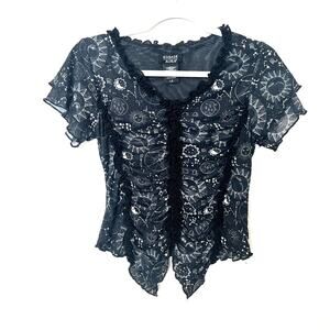 COSMIC AURA Women's L Celestial Moon Sun Print Top Ruffle Trim Whimsigoth Grunge
